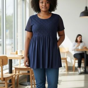 K JORDAN Women's plus size 2X  Navy Blue lacy Tunic top blouse